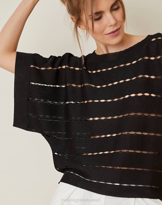 Manila Grace ملابس نحيف أسود سترة مثقوبة مع رقبة قارب من مزيج الفيسكوز Z2TJ133