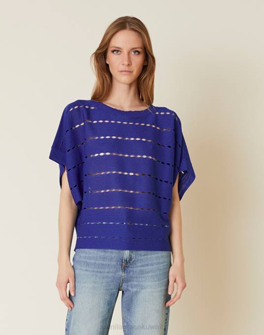 Manila Grace ملابس نحيف ازرق غامق سترة مثقوبة مع رقبة قارب من مزيج الفيسكوز Z2TJ134