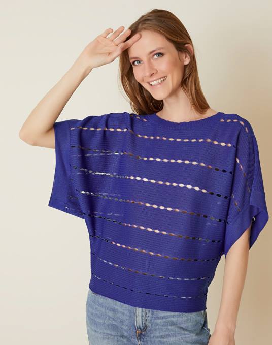 Manila Grace ملابس نحيف ازرق غامق سترة مثقوبة مع رقبة قارب من مزيج الفيسكوز Z2TJ134