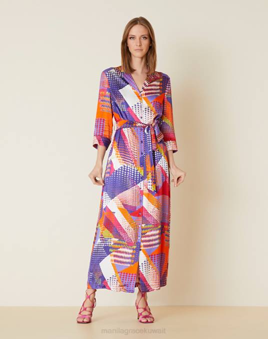 Manila Grace ملابس نحيف البنفسجي فستان قميص طويل مع طباعة خليط Z2TJ14