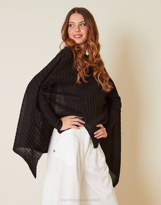 Manila Grace ملابس نحيف أسود سترة كبيرة الحجم مصنوعة من مزيج الفيسكوز المضلع Z2TJ143