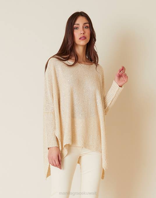 Manila Grace ملابس نحيف البيج الرملي سترة كبيرة الحجم من مزيج الكتان والقطن مع الترتر Z2TJ145