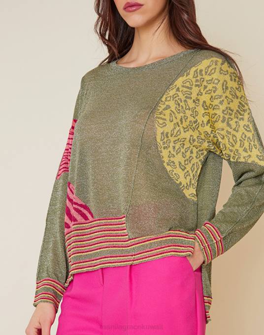 Manila Grace ملابس نحيف الأخضر العسكري سترة بحاشية غمسية من مزيج الفيسكوز واللوركس Z2TJ148