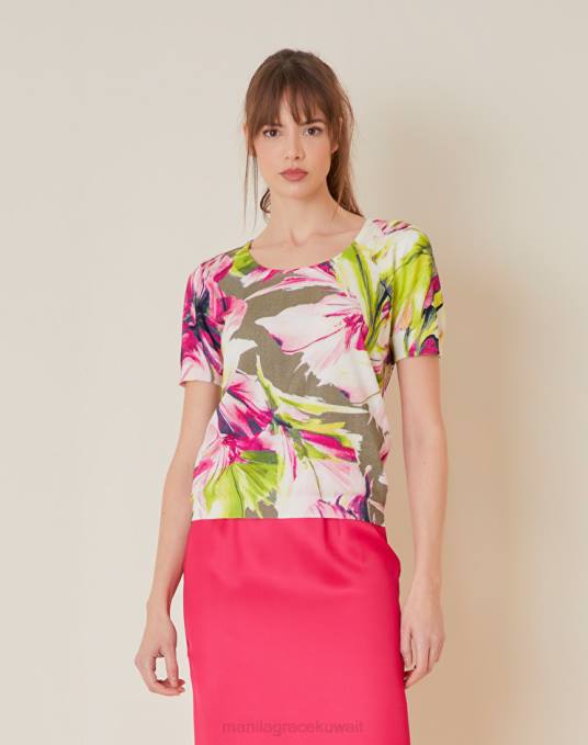 Manila Grace ملابس نحيف الأخضر الحمضي سترة تي شيرت من القطن الخالص مع طباعة زهور ماكسي Z2TJ153