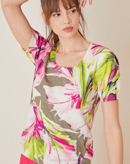 Manila Grace ملابس نحيف الأخضر الحمضي سترة تي شيرت من القطن الخالص مع طباعة زهور ماكسي Z2TJ153