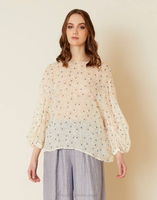 Manila Grace ملابس نحيف حليب ابيض بلوزة من كريب الفيسكوز مع طبعات زهور Z2TJ154