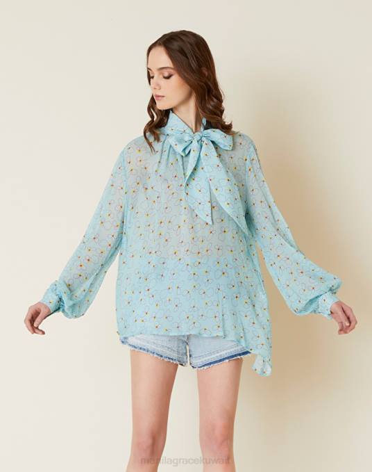 Manila Grace ملابس نحيف الفيروز بلوزة من كريب الفيسكوز بفيونكة مع طبعات زهور Z2TJ155