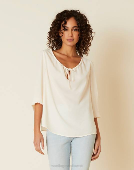 Manila Grace ملابس نحيف حليب ابيض بلوزة بأكمام ثلاثة أرباع Z2TJ156
