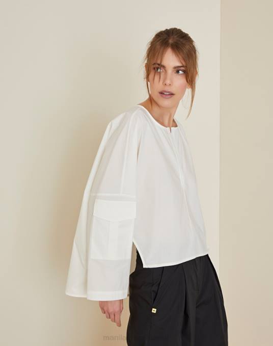 Manila Grace ملابس نحيف قبالة الأبيض بلوزة قطن بفتحات Z2TJ158