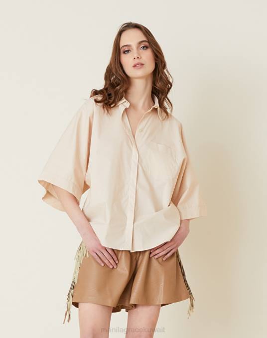Manila Grace ملابس نحيف البيج الرملي قميص قطني يشبه الصندوق وأكمام بطول ثلاثة أرباع Z2TJ159