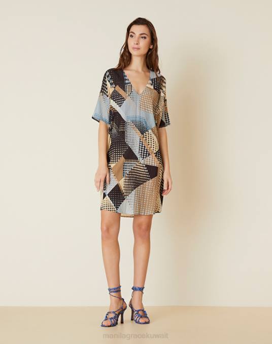 Manila Grace ملابس نحيف أسود فستان قصير مع طباعة خليط Z2TJ16