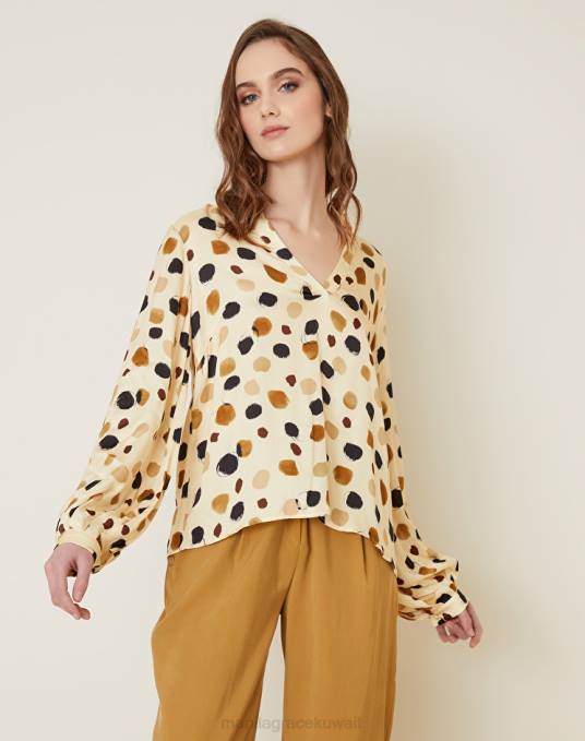 Manila Grace ملابس نحيف البيج الرملي بلوزة بأكمام واسعة وطبعة منقطة Z2TJ161