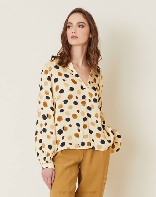 Manila Grace ملابس نحيف البيج الرملي بلوزة بأكمام واسعة وطبعة منقطة Z2TJ161