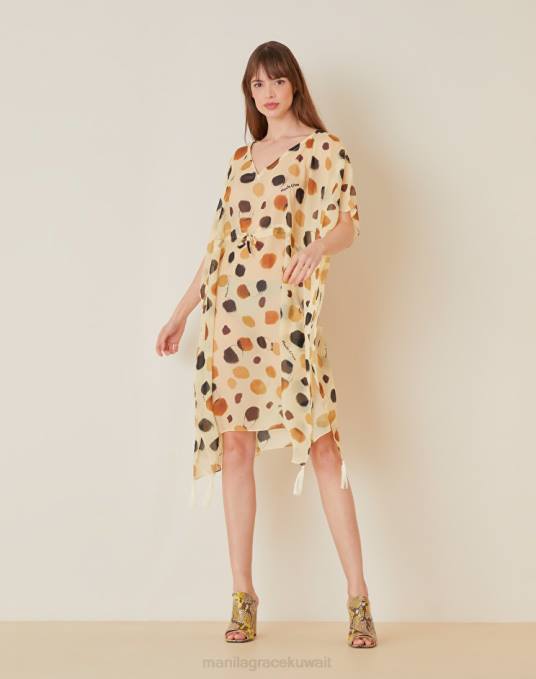 Manila Grace ملابس نحيف البيج الرملي قفطان شيفون بطبعات منقطة Z2TJ162