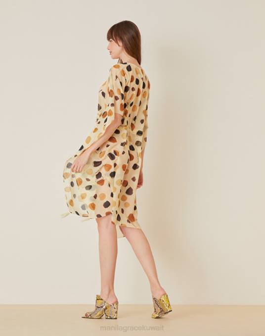 Manila Grace ملابس نحيف البيج الرملي قفطان شيفون بطبعات منقطة Z2TJ162