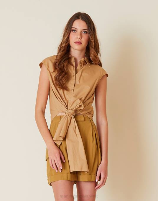 Manila Grace ملابس نحيف كاكي الأخضر قميص قطن ملفوف قصير Z2TJ164