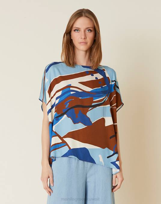 Manila Grace ملابس نحيف التبغ البني بلوزة فيسكوز مطبوعة Z2TJ166