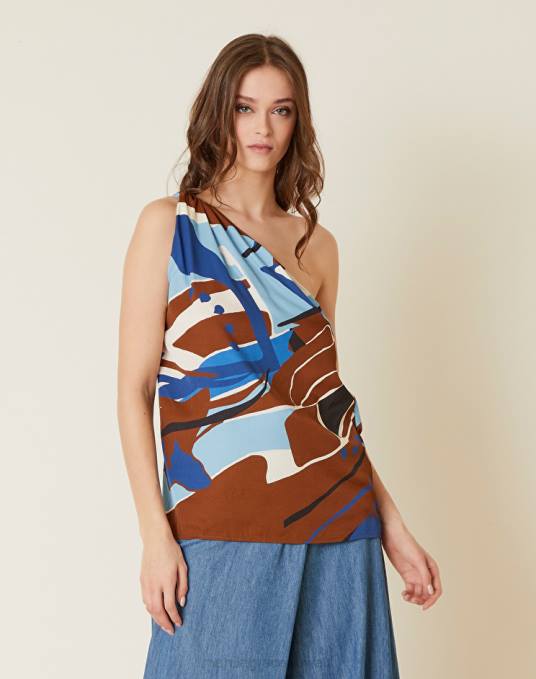 Manila Grace ملابس نحيف التبغ البني بلوزة بكتف واحد من نسيج التويل الفيسكوز Z2TJ168