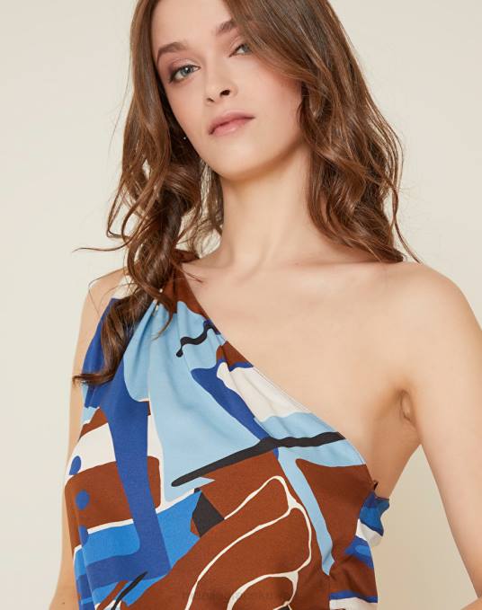 Manila Grace ملابس نحيف التبغ البني بلوزة بكتف واحد من نسيج التويل الفيسكوز Z2TJ168