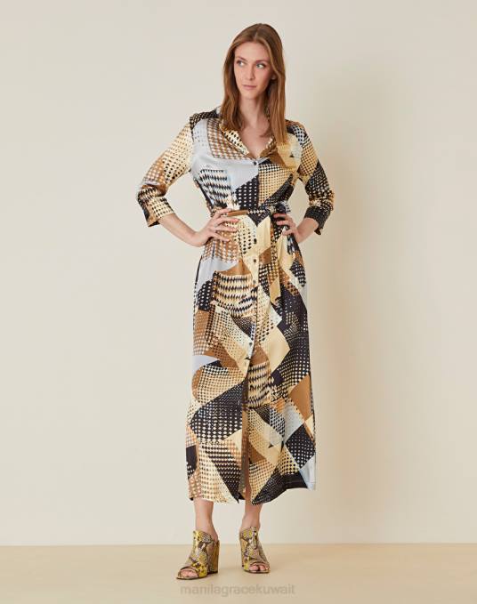 Manila Grace ملابس نحيف أسود فستان قميص طويل مع طباعة خليط Z2TJ17