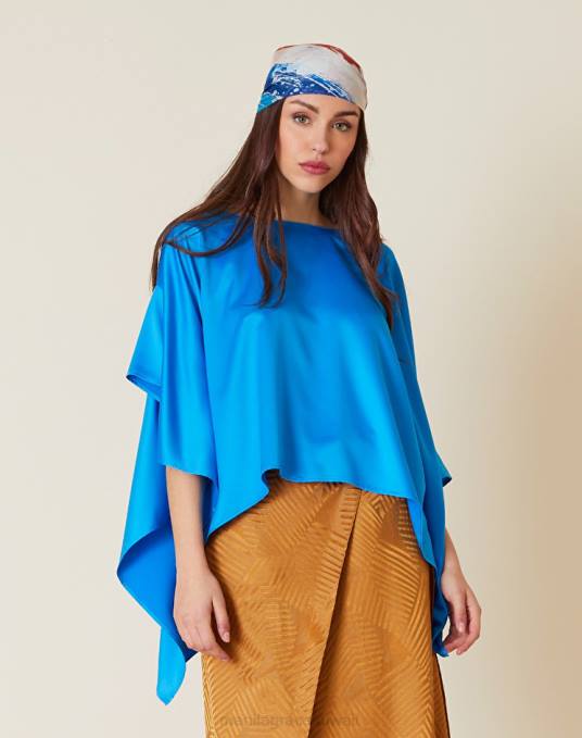 Manila Grace ملابس نحيف ازرق غامق بلوزة غير متماثلة من الساتان بلون خالص Z2TJ171