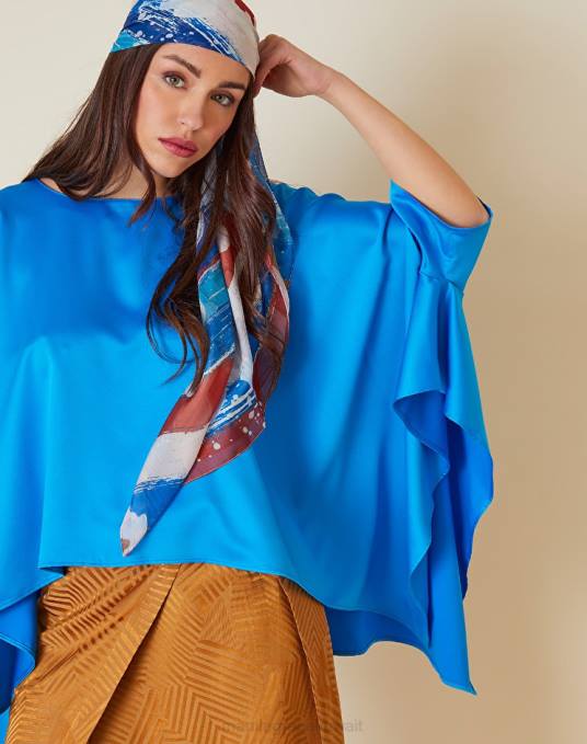 Manila Grace ملابس نحيف ازرق غامق بلوزة غير متماثلة من الساتان بلون خالص Z2TJ171