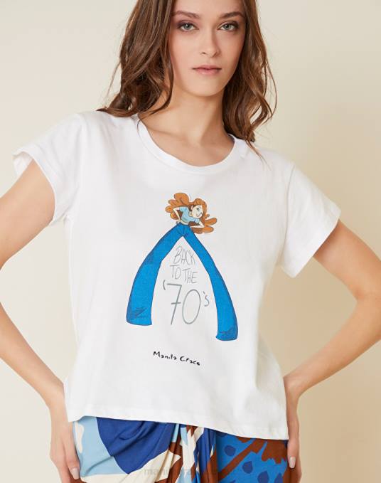 Manila Grace ملابس نحيف أبيض بصري تيشيرت بطبعة 