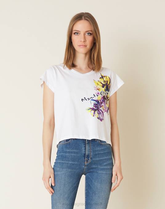 Manila Grace ملابس نحيف أبيض بصري تي شيرت بطبعة زهور Z2TJ173