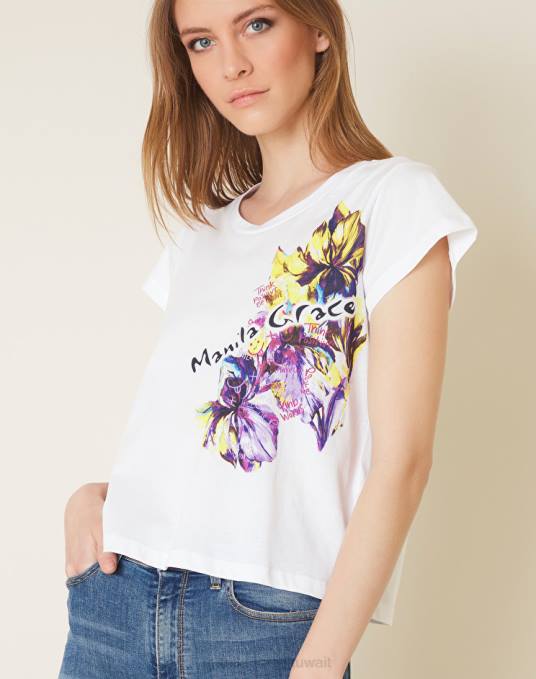 Manila Grace ملابس نحيف أبيض بصري تي شيرت بطبعة زهور Z2TJ173