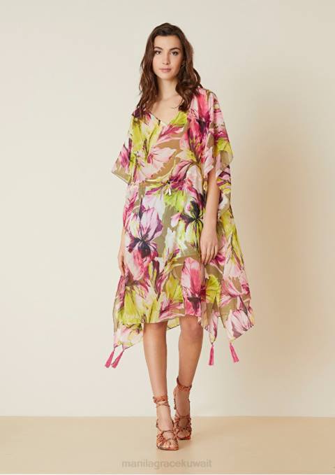 Manila Grace ملابس نحيف الأخضر الحمضي قفطان شيفون شفاف مع طباعة زهور ماكسي Z2TJ174