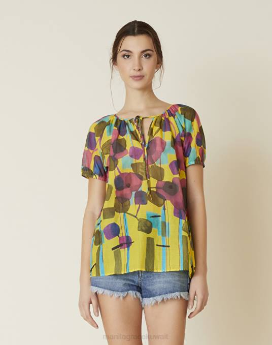 Manila Grace ملابس نحيف أصفر بلوزة قطنية مكشكشة مع طبعة شجرة مجردة Z2TJ175