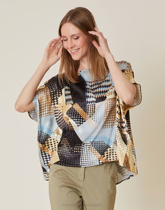 Manila Grace ملابس نحيف أسود بلوزة يشبه الصندوق مع طباعة خليط Z2TJ177