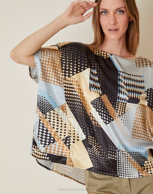 Manila Grace ملابس نحيف أسود بلوزة يشبه الصندوق مع طباعة خليط Z2TJ177