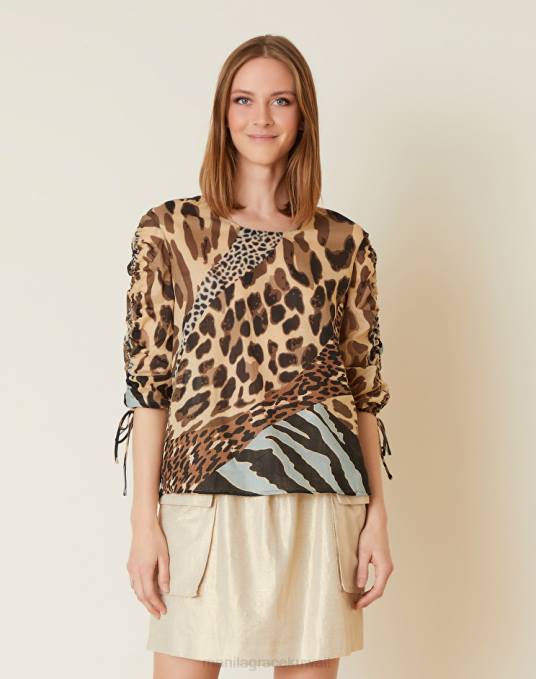 Manila Grace ملابس نحيف الغبار الأزرق بلوزة بطبعات حيوانية وأكمام بطول ثلاثة أرباع Z2TJ179