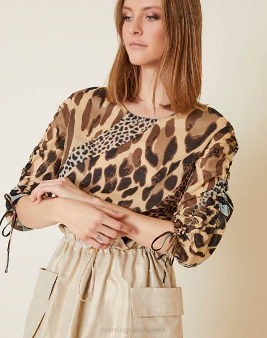 Manila Grace ملابس نحيف الغبار الأزرق بلوزة بطبعات حيوانية وأكمام بطول ثلاثة أرباع Z2TJ179