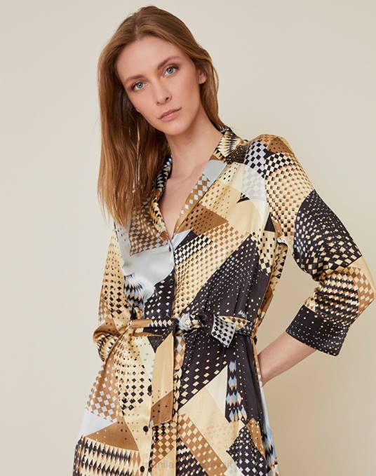 Manila Grace ملابس نحيف أسود فستان قميص طويل مع طباعة خليط Z2TJ17