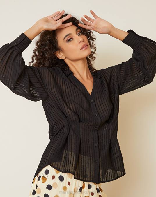 Manila Grace ملابس نحيف أسود بلوزة مخططة مزخرفة مع سهام Z2TJ181