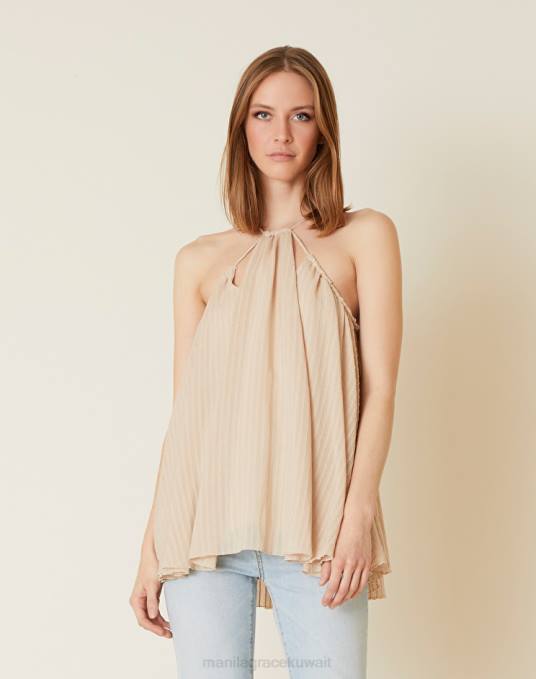 Manila Grace ملابس نحيف البيج الرملي قمة جاكار فيسكوز Z2TJ183