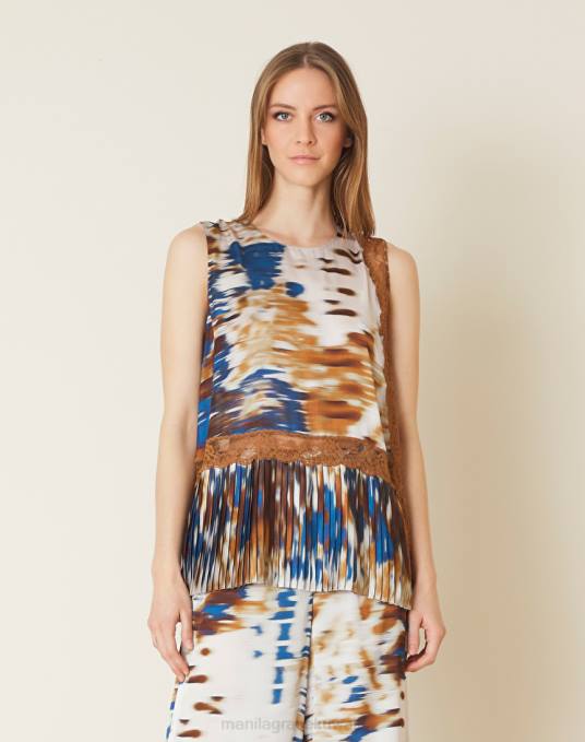 Manila Grace ملابس نحيف التبغ البني بلوزة بلا أكمام مع طبعة بكسل Z2TJ184
