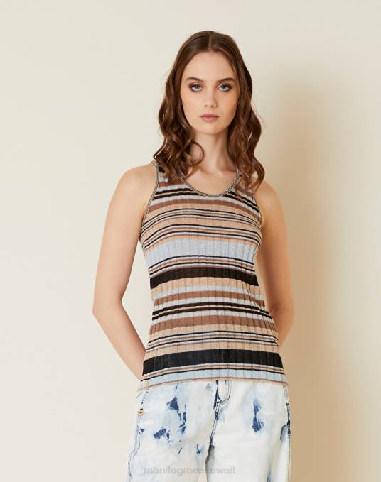 Manila Grace ملابس نحيف الغبار الأزرق جزء علوي متماسك ومضلع مع خطوط Z2TJ185