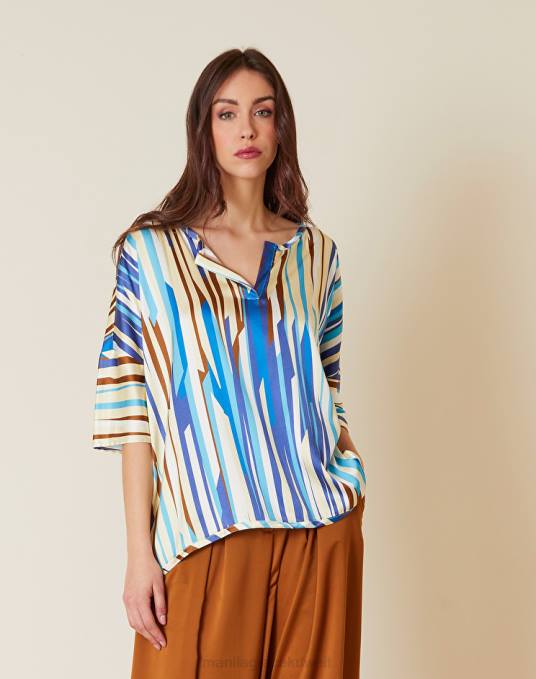 Manila Grace ملابس نحيف محيط أزرق بلوزة مخططة من الفيسكوز المطاطي Z2TJ186