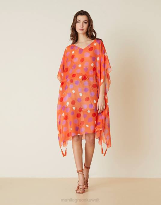 Manila Grace ملابس نحيف البرتقالي قفطان شيفون بطبعات منقطة Z2TJ187