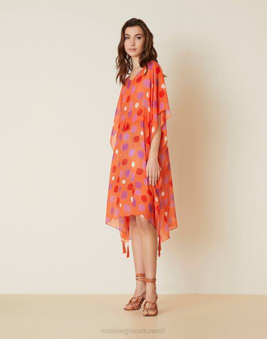 Manila Grace ملابس نحيف البرتقالي قفطان شيفون بطبعات منقطة Z2TJ187