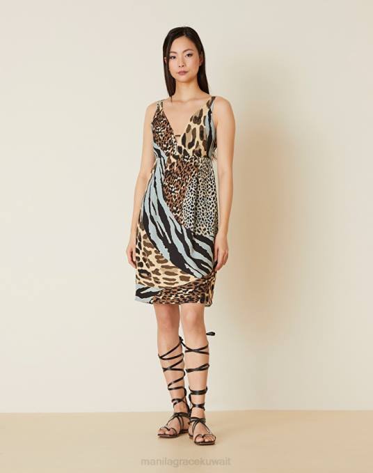 Manila Grace ملابس نحيف الغبار الأزرق فستان بالون بطبعات حيوانات Z2TJ19