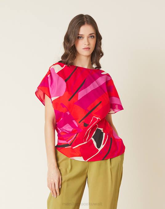 Manila Grace ملابس نحيف أحمر بلوزة قطنية غير متماثلة مع طباعة زهور Z2TJ190