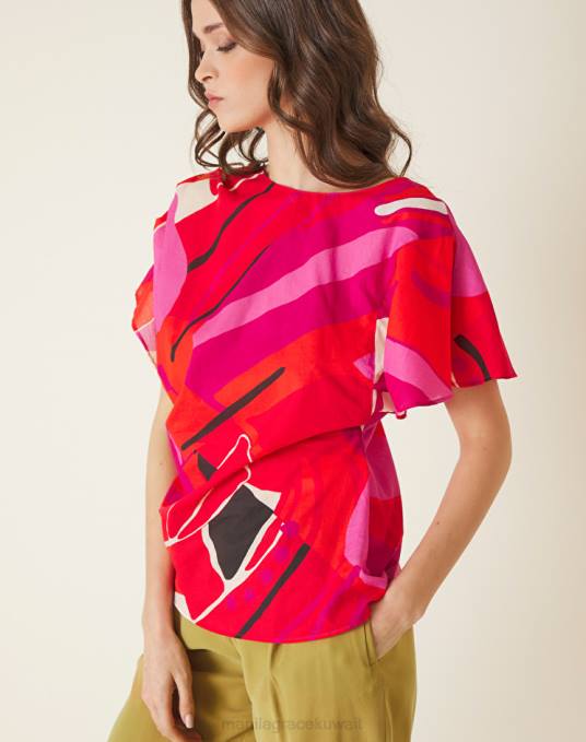 Manila Grace ملابس نحيف أحمر بلوزة قطنية غير متماثلة مع طباعة زهور Z2TJ190