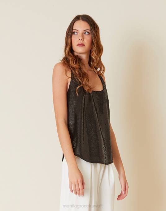 Manila Grace ملابس نحيف أسود أعلى الخزان مع الترتر Z2TJ196