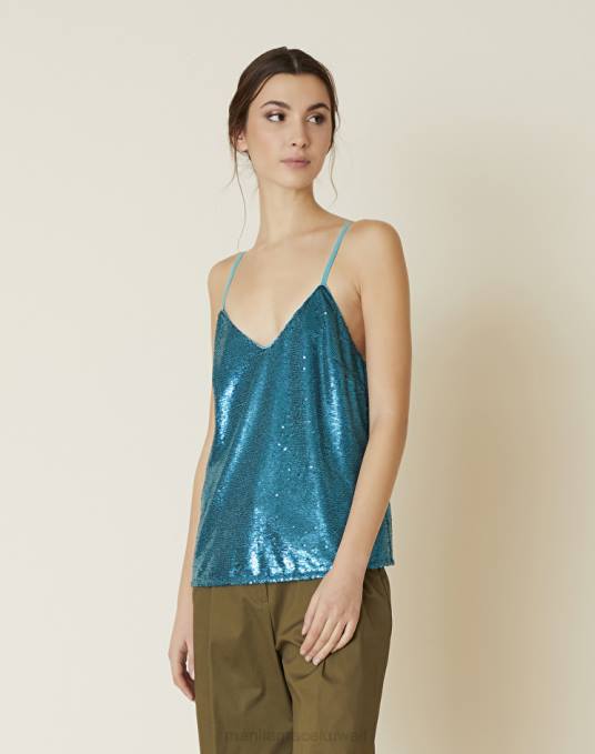 Manila Grace ملابس نحيف الأزرق البنزين قمة بلا أكمام مع الترتر Z2TJ198