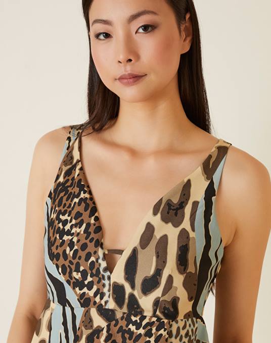 Manila Grace ملابس نحيف الغبار الأزرق فستان بالون بطبعات حيوانات Z2TJ19