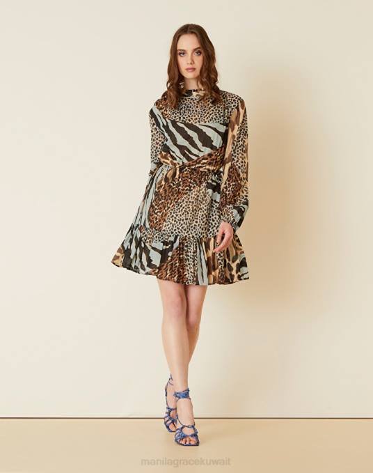 Manila Grace ملابس نحيف الغبار الأزرق فستان من القطن بكشكشة وطبعات حيوانية Z2TJ20